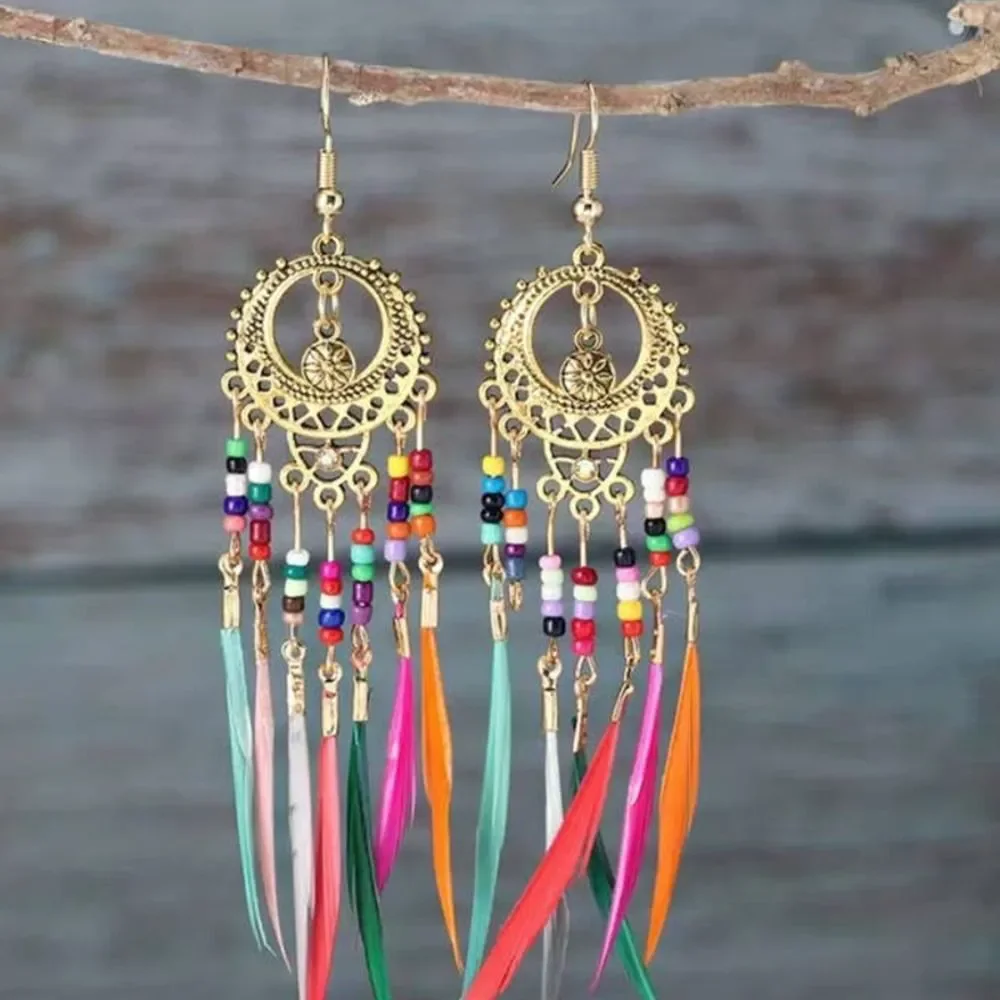 Boho Long Beads Tassel Dangle Drop Earrings Colorful Multicolored